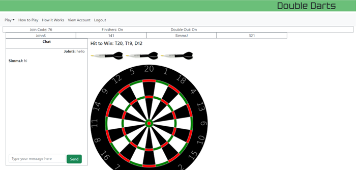 A screenshot from the Double Darts website where 2 players are playing a game and chatting.
