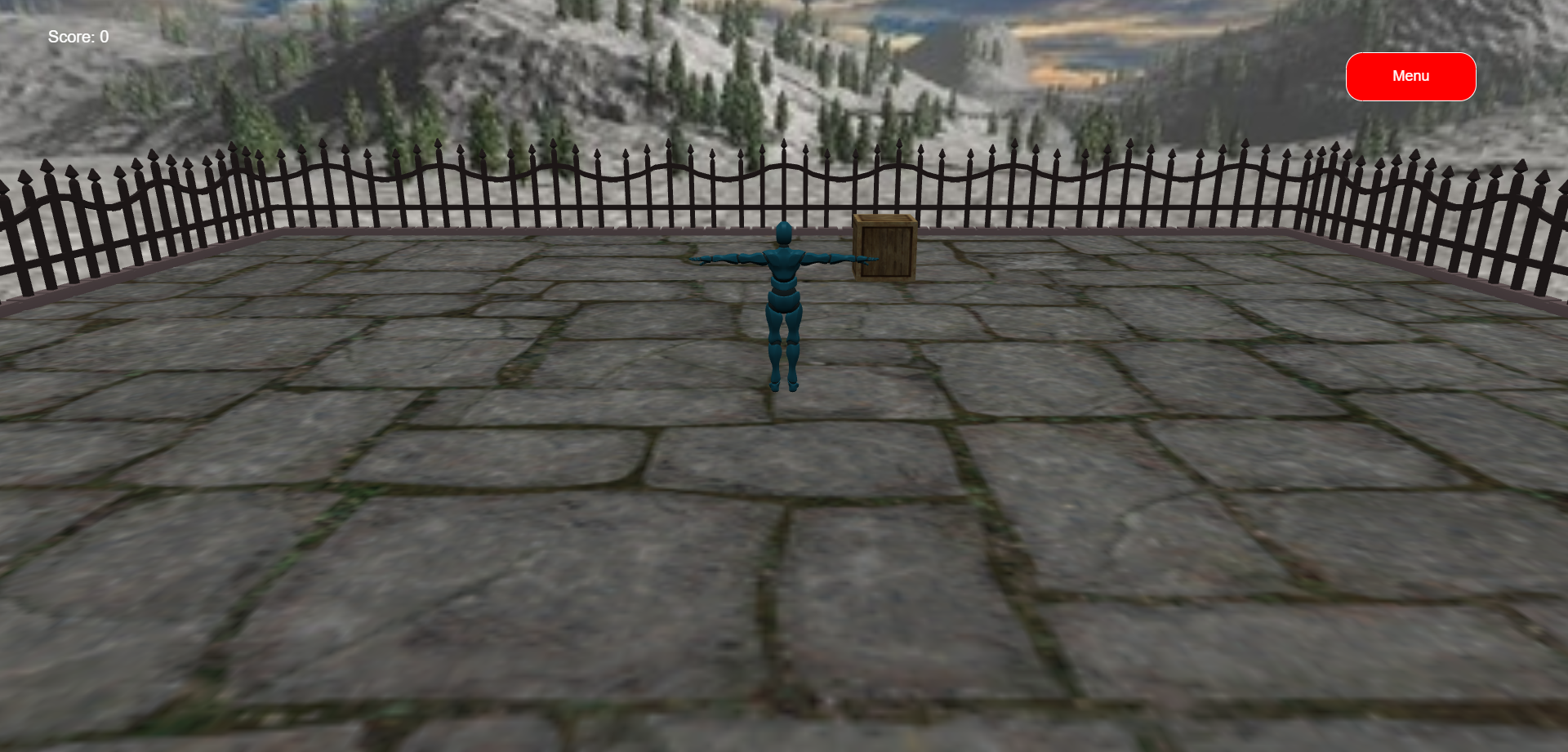 A screenshot from Game Scene 5 from the JavaScript Games website that shows a human character in a snowy scene with a box. The human and box are in a fenced off area.