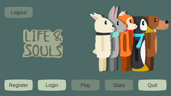 The Life and Souls menu featuring an anthropomorphic sheep, rabbit, red panda, penguin, and dog standing in a line.
