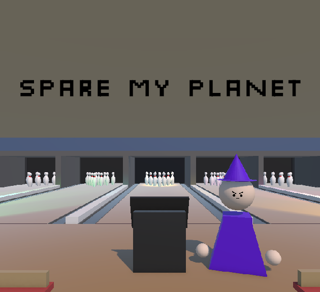 Spare My Planet cover image that depicts a wizard in a bowling alley.